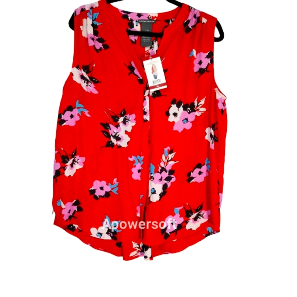 NWT Chelsea & Theodore Red sleeveless blouse w/colorful flowers XL